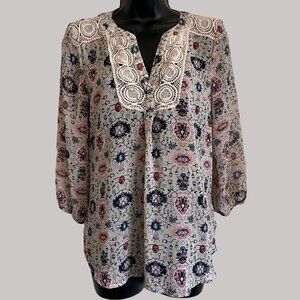 Maurices Blouse Women Small Boho Floral Crochet Tunic Top Cottage Feminine Sheer